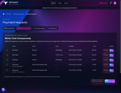 Championship payment requests with selectable racer entries and extras, individual deadlines, and options to pay or decline.