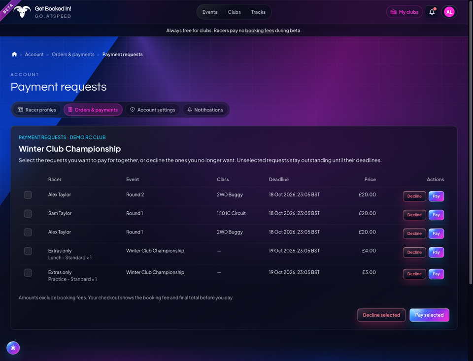 Championship payment requests with selectable racer entries and extras, individual deadlines, and options to pay or decline.