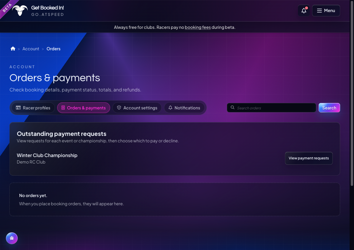 Orders and payments page showing an outstanding Championship payment request and a link to review it.
