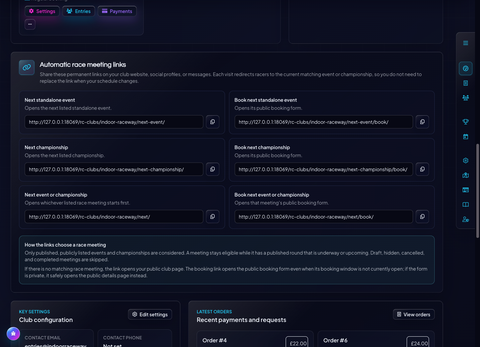 Club dashboard showing copyable next-event, next-Championship and direct-booking links, with an explanation of how meetings are selected.