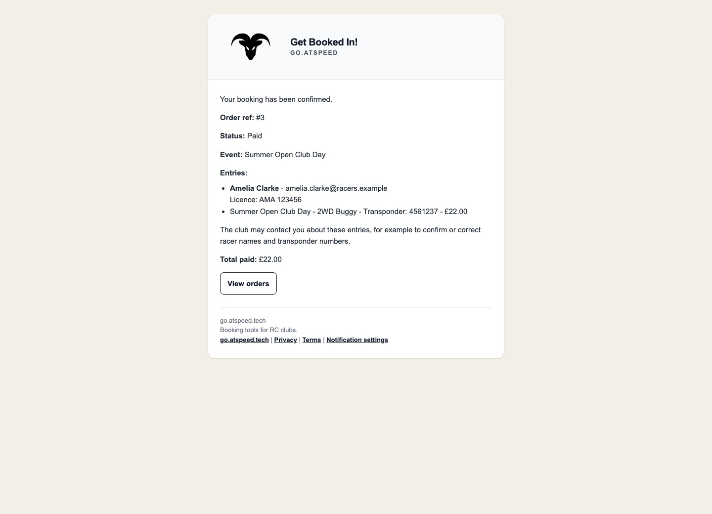 Locally rendered historical booking-confirmation email with a fictional racer, licence and transponder details, entry price and total paid.