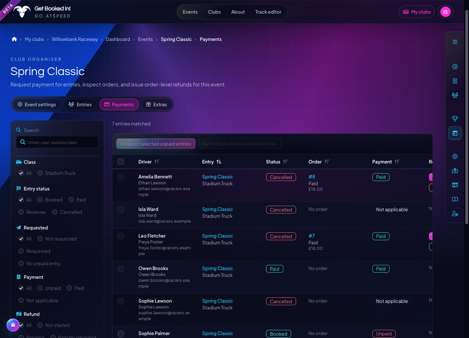 Historical payment ledger for a completed fictional event, showing cancelled and paid entries, orders and refund controls.