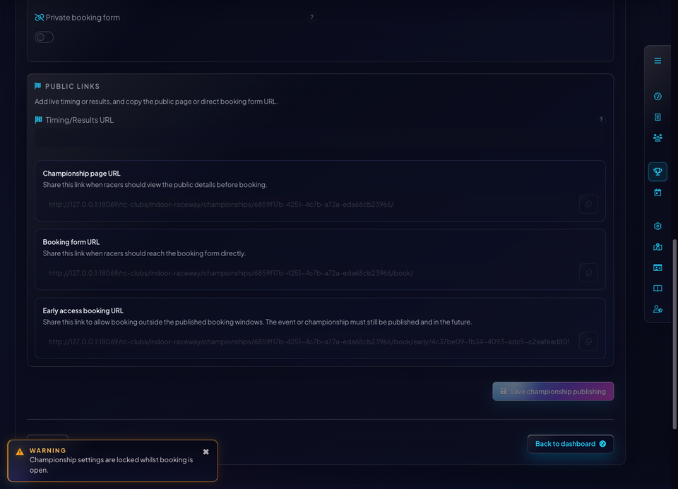 Historical Championship publishing screen with public page, booking form and early-access booking URLs for a fictional series.