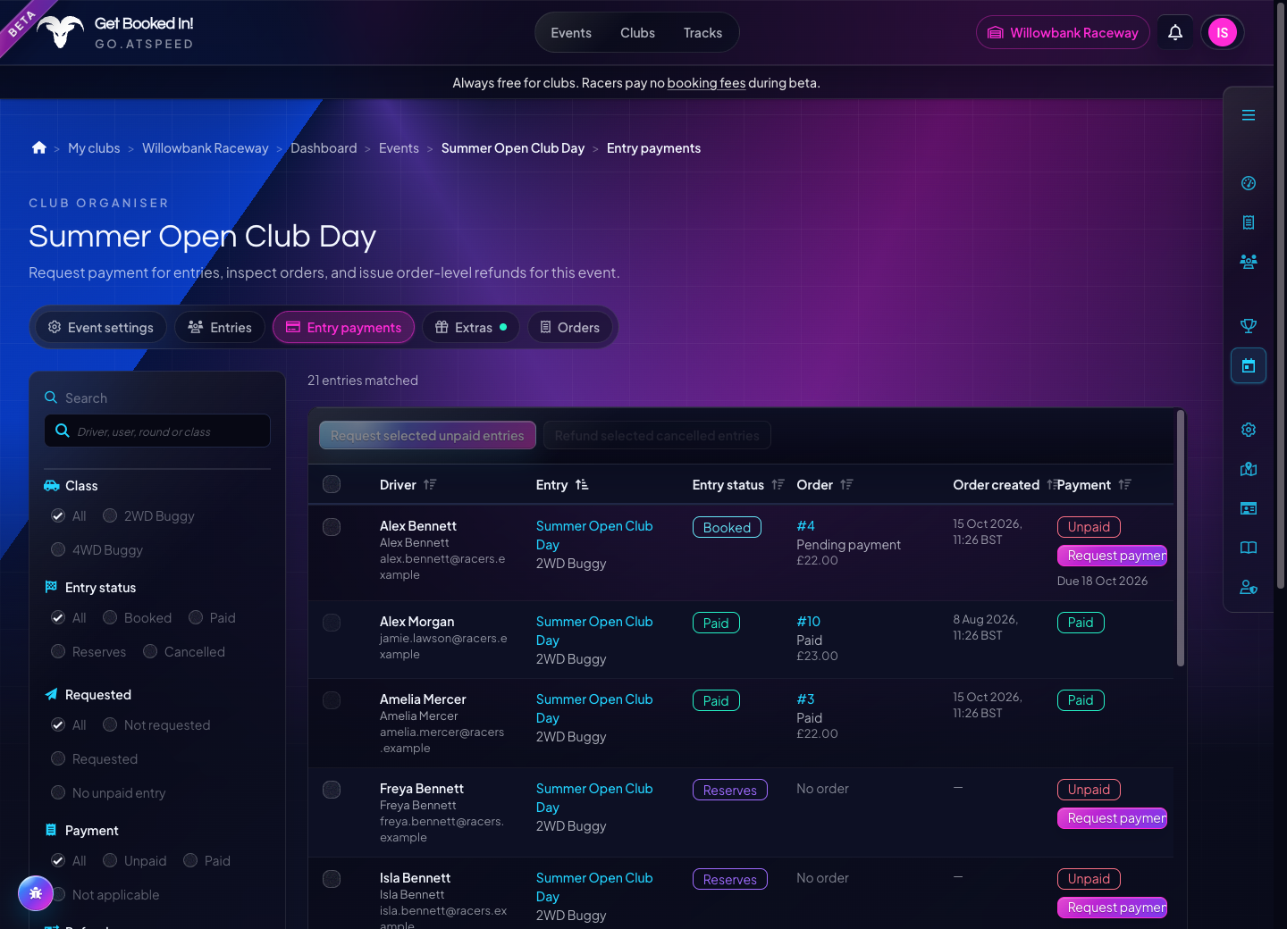 The event payment table shows fictional racers, classes, booking status, linked orders and payment actions.