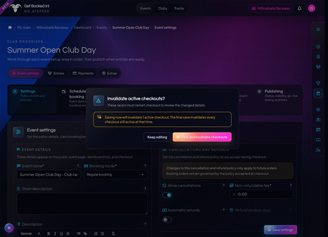 Historical warning that changing a live event will invalidate one active checkout, with Keep editing and Save and invalidate checkouts buttons.