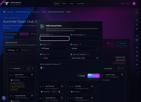 Historical Add entry modal with name, email, class, status, price, payment deadline and Send payment request controls.