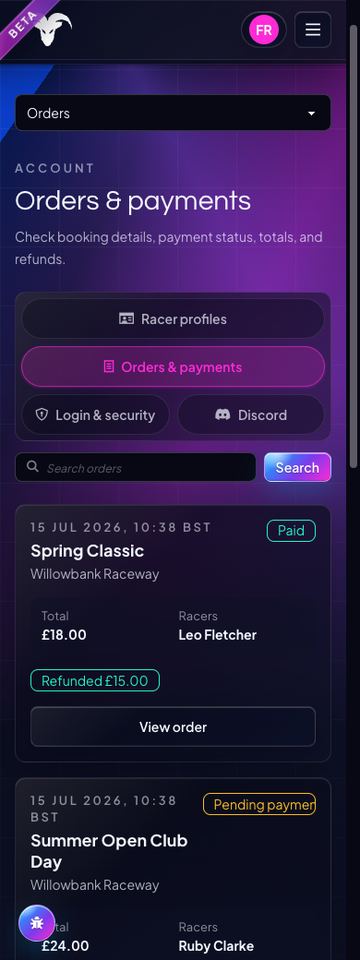 Mobile order-history page with fictional event bookings, paid and pending statuses, totals and a recorded refund.