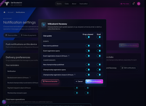 Favourite-club notification modal with event and Championship publish, booking-open and booking-closing choices for the inbox and email.