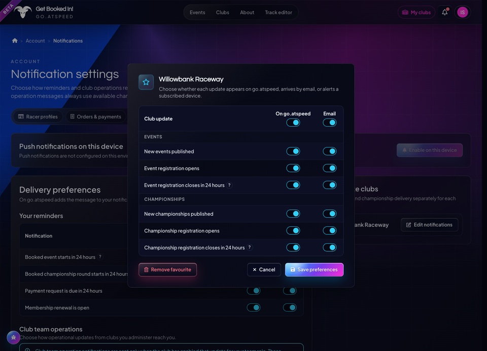 Favourite-club notification modal with event and Championship publish, booking-open and booking-closing choices for the inbox and email.