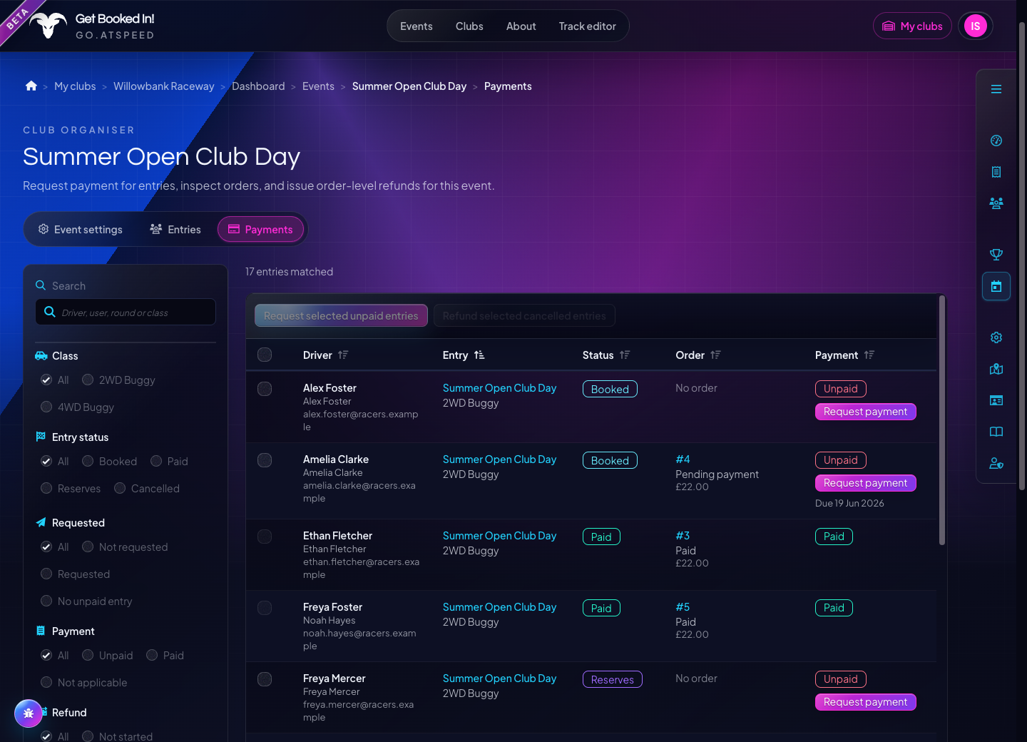 Historical event payment ledger with fictional racers, paid and unpaid entries, linked orders and refund actions.