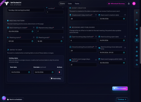 Historical recurring-event scheduler showing meeting setup, repeat interval, creation lead time and publishing and booking settings.