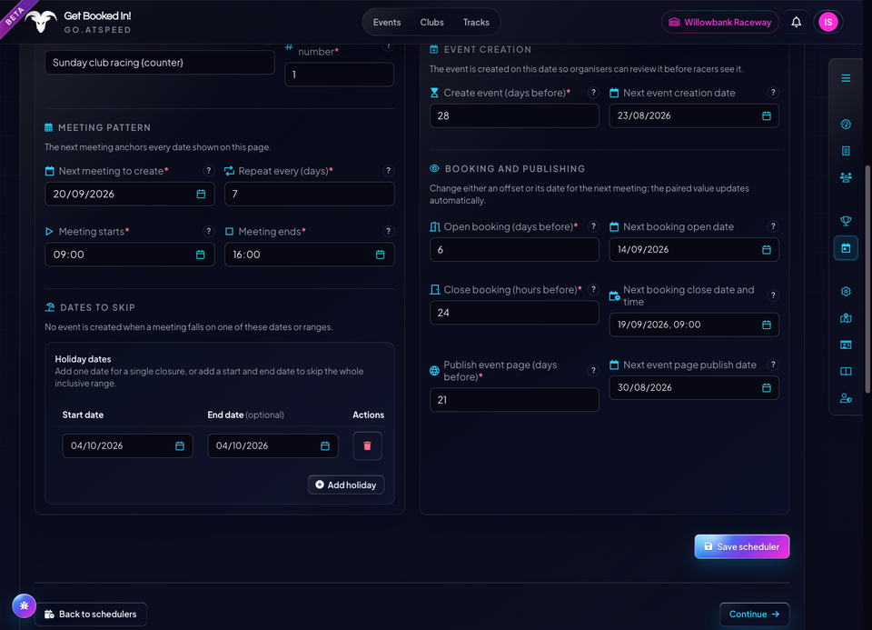 Historical recurring-event scheduler showing meeting setup, repeat interval, creation lead time and publishing and booking settings.