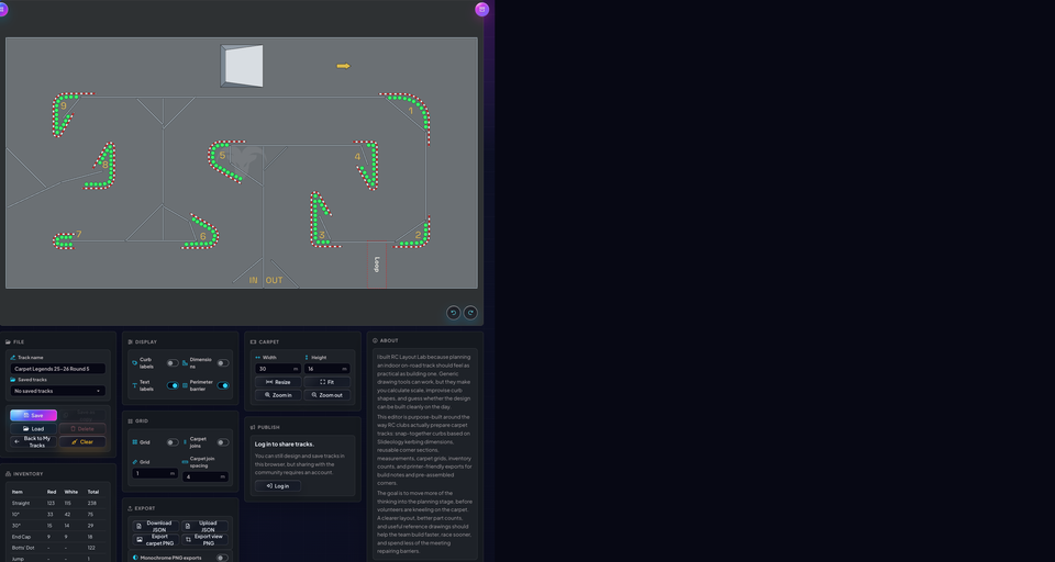 Historical RC track editor showing the default Carpet Legends layout with one added jump on the top straight and a yellow direction arrow.